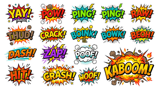 Vintage comic book sound effect bubbles and action clouds.