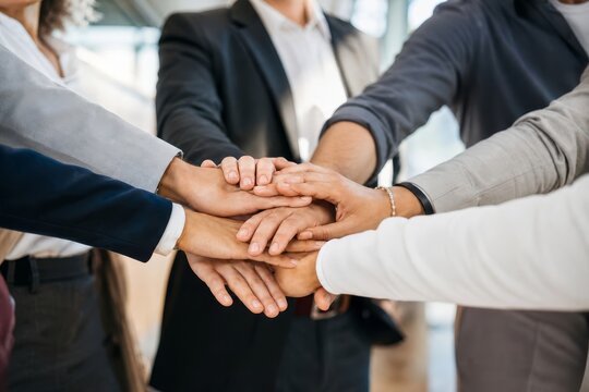 Group of diverse business professionals stacking their hands together in unity and teamwork