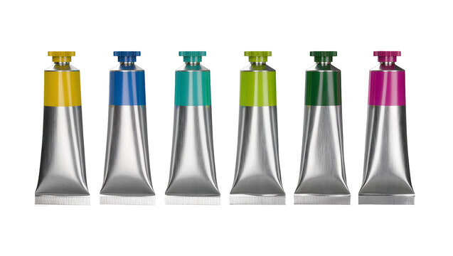 Six metal paint tubes with colorful caps in a row