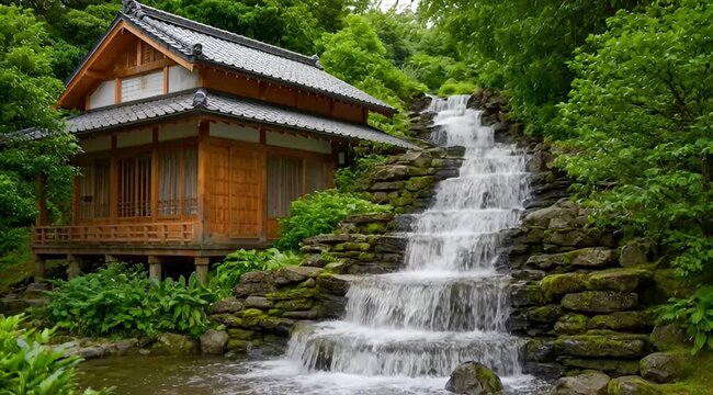 Traditional Japanese House with Cascading Waterfall Flowing Through Lush Green Zen Garden Forest