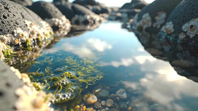 Close up of green marine algae in volcanic basalt tide pool reflecting azure sky