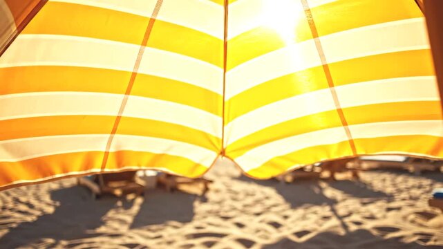 Low angle shot of translucent amber striped umbrella with warm sunbeam lens flare on sand