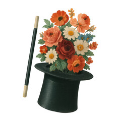 Obraz premium PNG Magic hat with blooming flowers