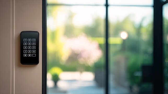 home security keypad with blurred entrance background