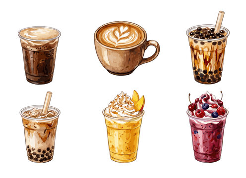 Watercolor Illustration of Drink Selection with Bubble Tea Coffee Latte and Fruit Smoothies