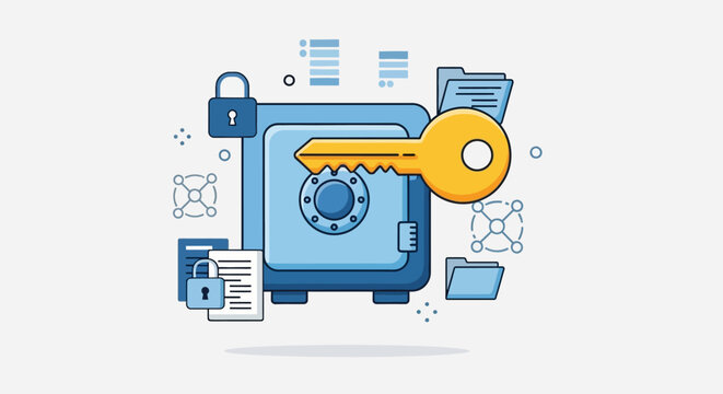 Digital data security concept with safe vault, key, and encrypted documents illustration