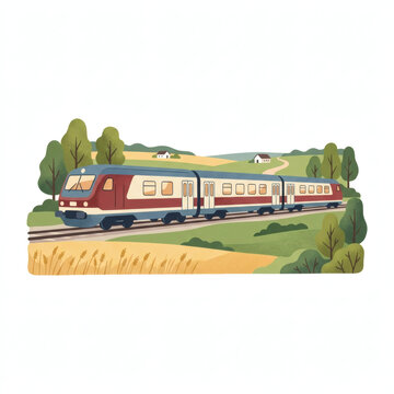 Stylized Train Image Passing Through A Scenic Landscape Illustration