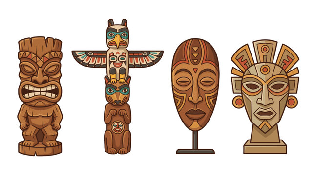 Set of stylized tribal masks and carved totem illustrations