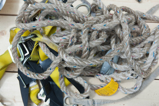 Close-up of safety rope with harness at a construction site