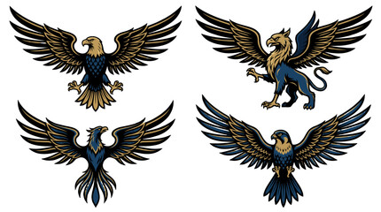 Fototapeta premium Heraldic winged bird and griffin emblem set in vector style
