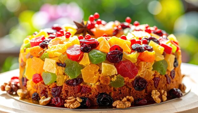 A vibrant, festive fruitcake bursting with colorful dried cranberries, pineapple chunks, and nuts, ready for holiday celebrations.