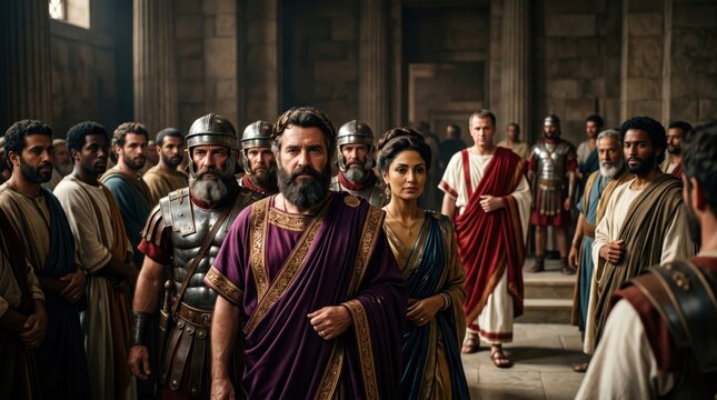 King Agrippa and Queen Berenice entering a Roman courtroom with soldiers and citizens. Historical biblical scene depicting social elite during a state judicial assembly. Ancient era.