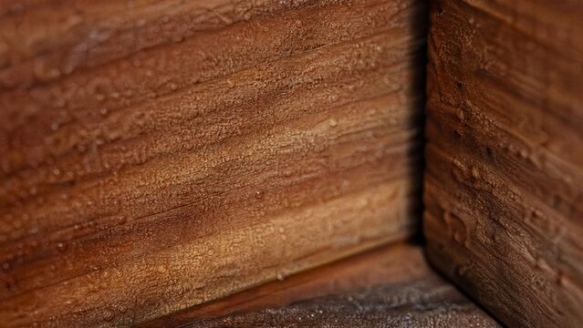 Extreme close-up of a cedar humidor interior wall, showing wood grain and condensation.