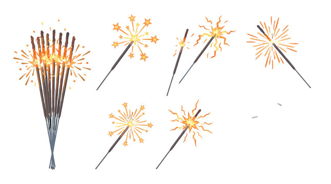 Set of glowing sparkler fireworks in hand drawn vector style