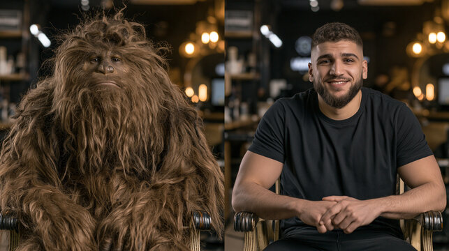  Funny barbershop before and after concept: split screen of a hairy sasquatch monster and a handsome smiling man in a barber chair