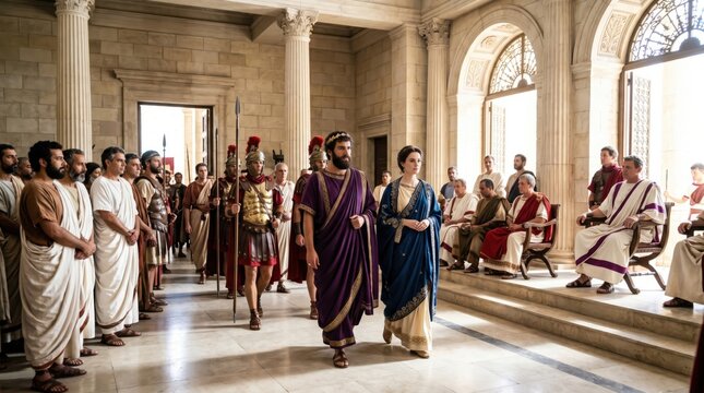 King Agrippa and Queen Berenice entering the assembly hall in ancient palace. Biblical scene depicting royal couple with Roman soldiers and senate officials during court hearing.