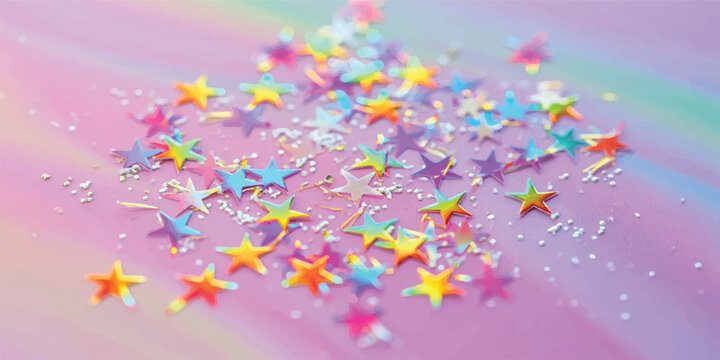 Rainbow colored star shaped glitter sequins on pastel gradient surface with confetti holographic background colorful decoration celebration birthday creative scattered abstract backdrop