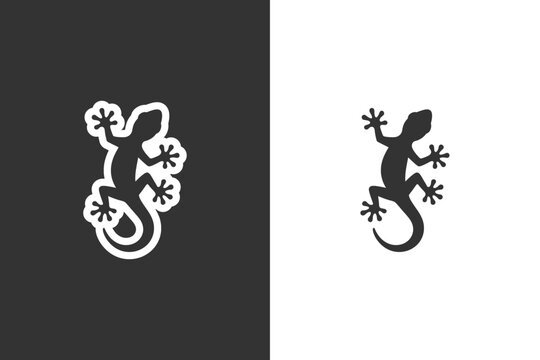 A simple, graphic silhouette of a gecko in two contrasting color schemes