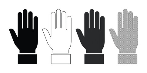 Obraz premium Four open human hands vector set, stop gesture and greeting symbol, black and white flat design, simple palm icon collection for UI/UX, web, and print projects