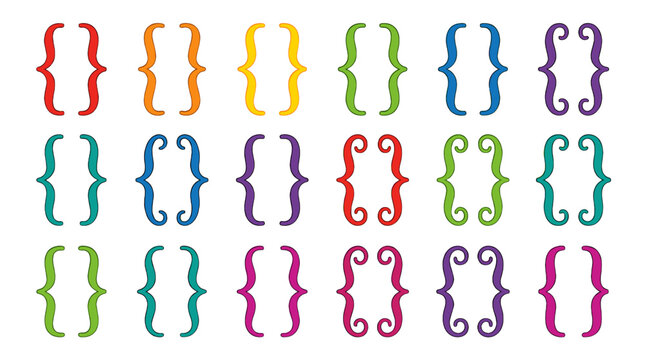 Colorful curly bracket set arranged in a neat grid