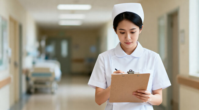 Nurse writing on clipboard in hospital corridor