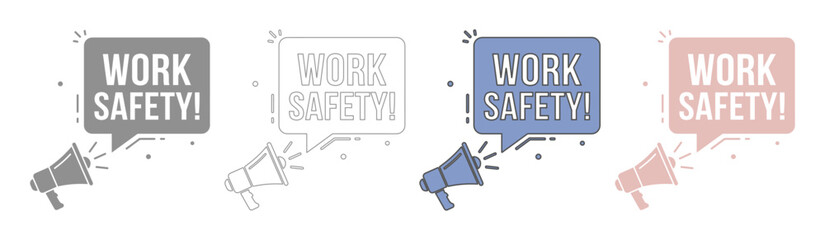 Work Safety Megaphone Vector Set, essential communication for workplace health and security. Flat design icons for announcements and alerts, promoting safe practices. © Nasira's studio
