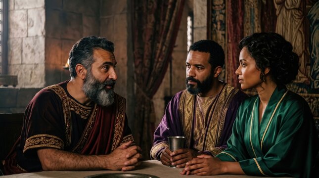 King Agrippa, governor Festus and queen Berenice sitting at table in palace. Historical scene from biblical narrative in Acts 25. Group of royal people having serious conversation.