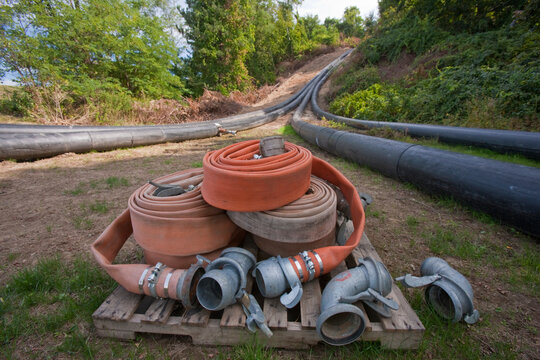 Wastewater pipeline and hoses at a water treatment plant