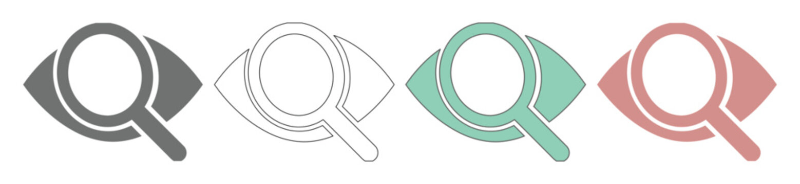 Search and View Icons, a modern vector collection of four eye and magnifying glass symbols, perfect for web UI, app design, and digital interface elements
