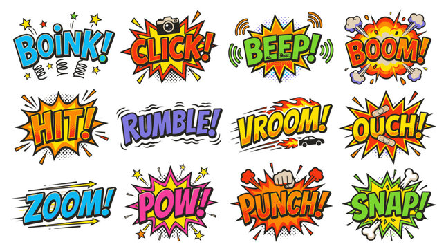 Vroom and rumble comic book sound effect vector set.