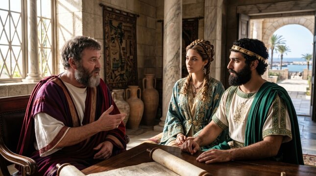 King Agrippa and Queen Berenice meeting with Roman governor Festus in Caesarea. Ancient biblical scene depicting political discussion, historical law, royal authority and classic drama.