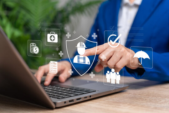 Businesswoman assessing workplace safety, Business risks, Evaluating financial, operational, and health factors, implementing risk management strategies, Compliance policies, Loss prevention measures