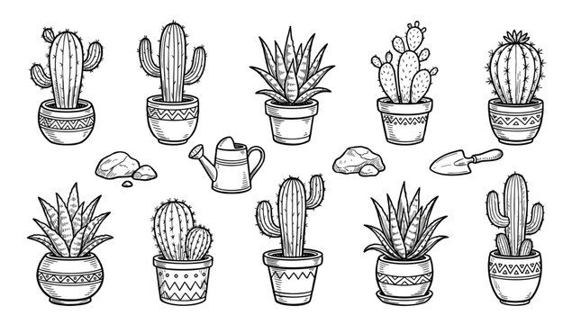 Hand drawn potted cactus and succulent plant set
