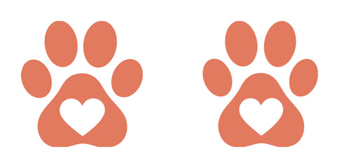 Fototapeta premium Cute Paw Print Vector Icons, two adorable orange animal paw prints with white heart shapes, perfect for pet care branding, veterinary clinics, or animal lover designs