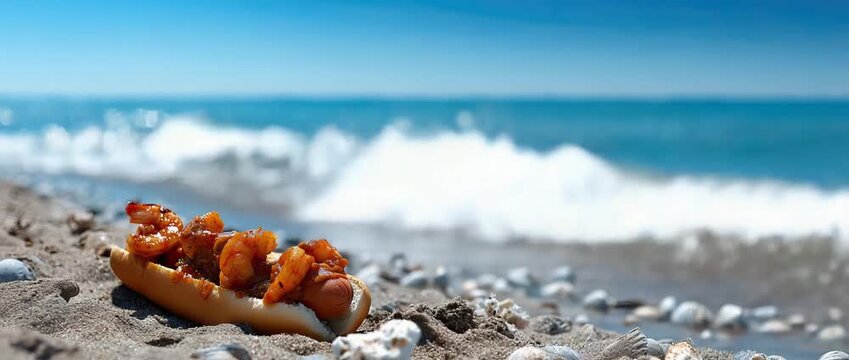 Shrimp hot dog sits on sandy beach near ocean waves on sunny day with seashells scattered around