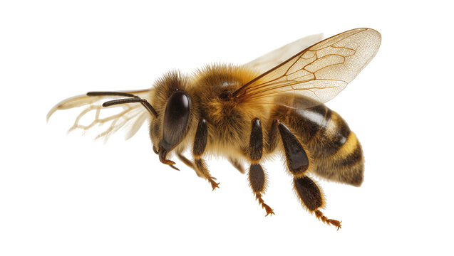 Honey bee with fuzzy body and striped abdomen flying