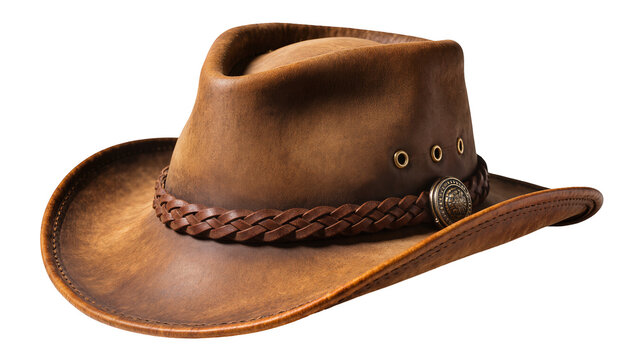 Brown leather cowboy hat with braided band and metal concho