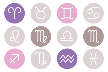 Fototapeta premium Minimalist zodiac signs collection. Astrology symbols on round pastel and purple icons arranged in a grid on a light background.