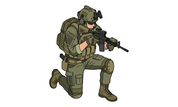 Tactical soldier kneeling with rifle in isometric illustration