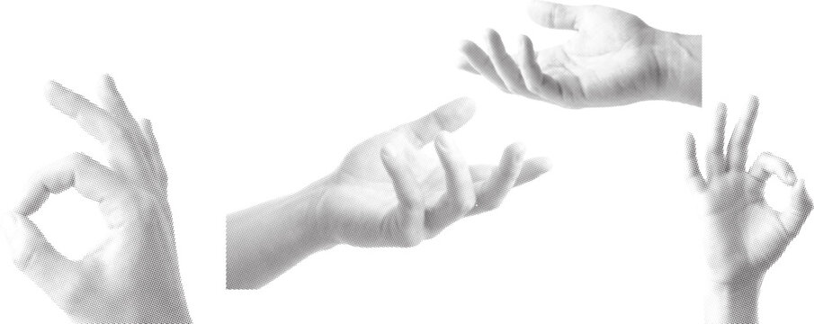 Retro halftoneCollage of human hands showing various gestures, ok sign and open palm isolated.