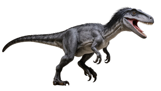 Gray Velociraptor Dinosaur with Open Mouth and Sharp Claws