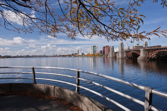 Footbridge with a commuter train in the background, Harvard Bridge