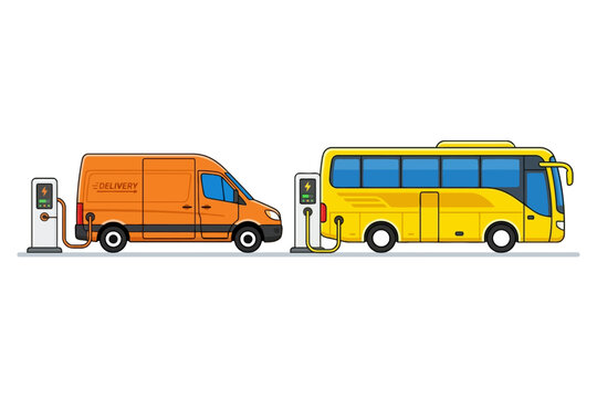 Electric Bus and Delivery Van Charging at Station Illustration
