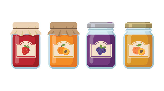 Set of colorful fruit jam jars in flat vector style