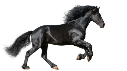 Black Friesian horse galloping with flowing mane and tail © Ivan
