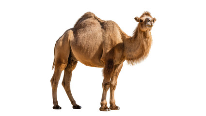 Dromedary camel with one hump light brown fur, standing profile view © Elena