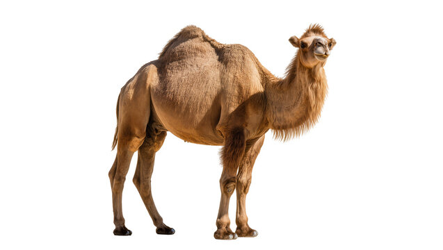 Dromedary camel with one hump light brown fur, standing profile view