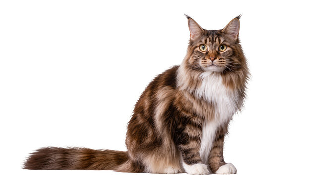Brown tabby Maine Coon cat with white chest sitting