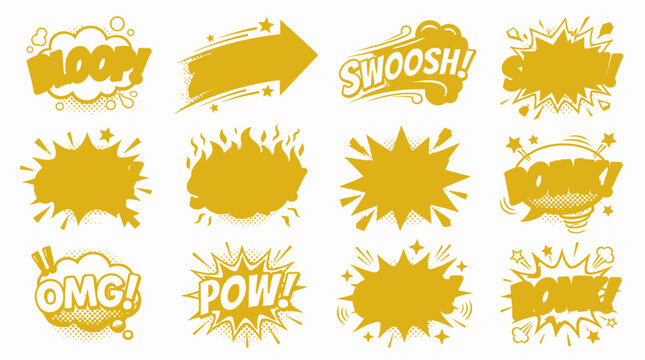 Yellow flat design comic book sound effect icon set.