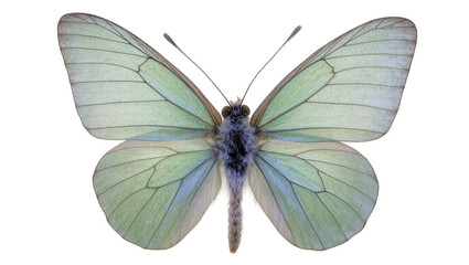 Pale green butterfly with dark veins and fuzzy blue body © Elena